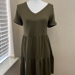 Olive Green V-Neck Tiered Dress